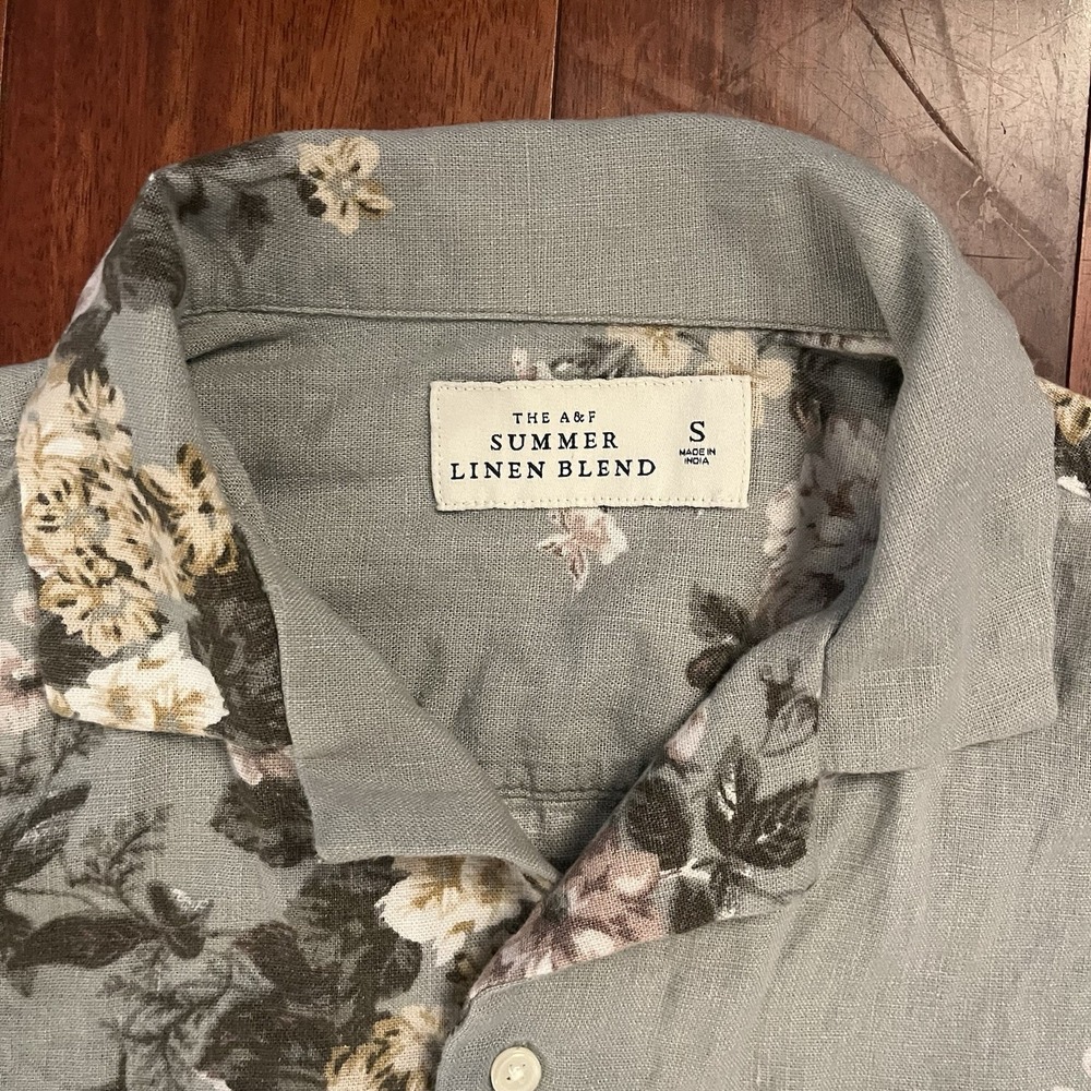 Abercrombie Fitch Shirt Mens Sage Small Summer Linen Blend Floral Camp Button Up - Picture 6 of 11